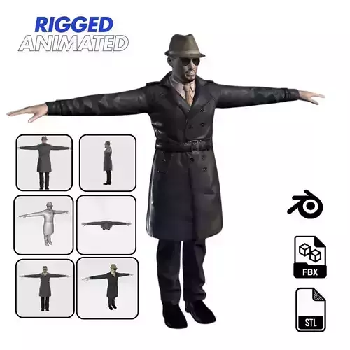 3D Character Model  Middle Aged Man in Trench Coat Game Ready Low-poly 3D model