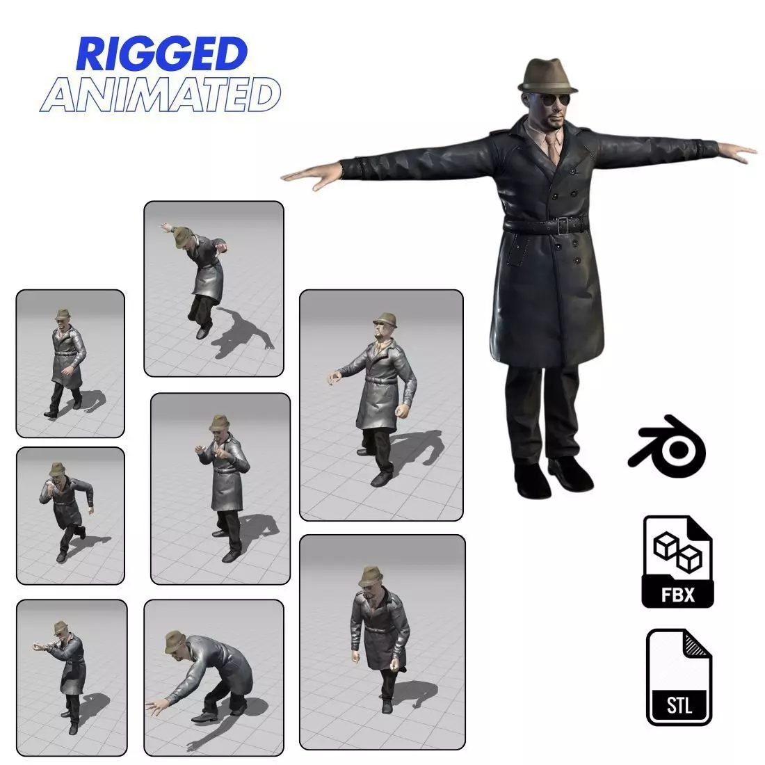 3D Character Model  Middle Aged Man in Trench Coat Game Ready Low-poly 3D model_1