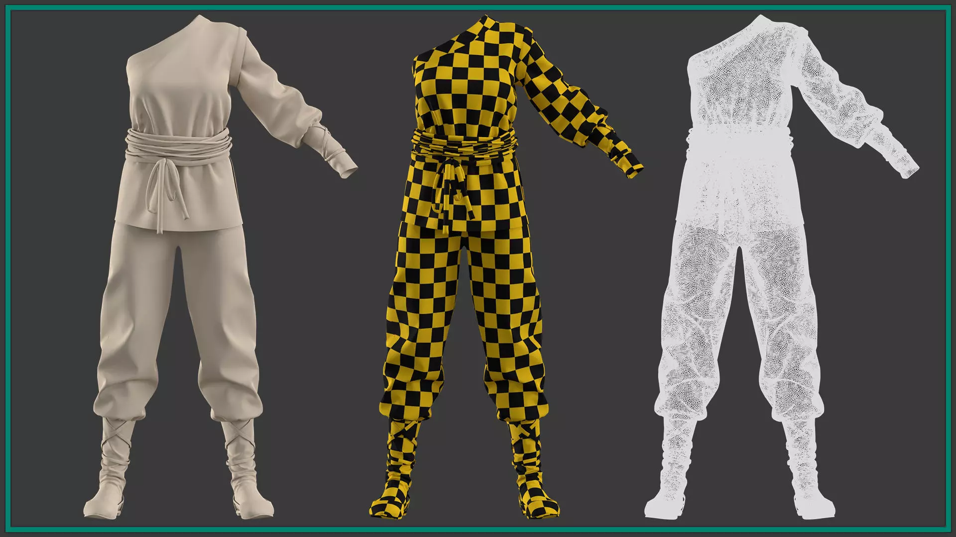 female shaolin outfit with texture and smart material 3D model_5