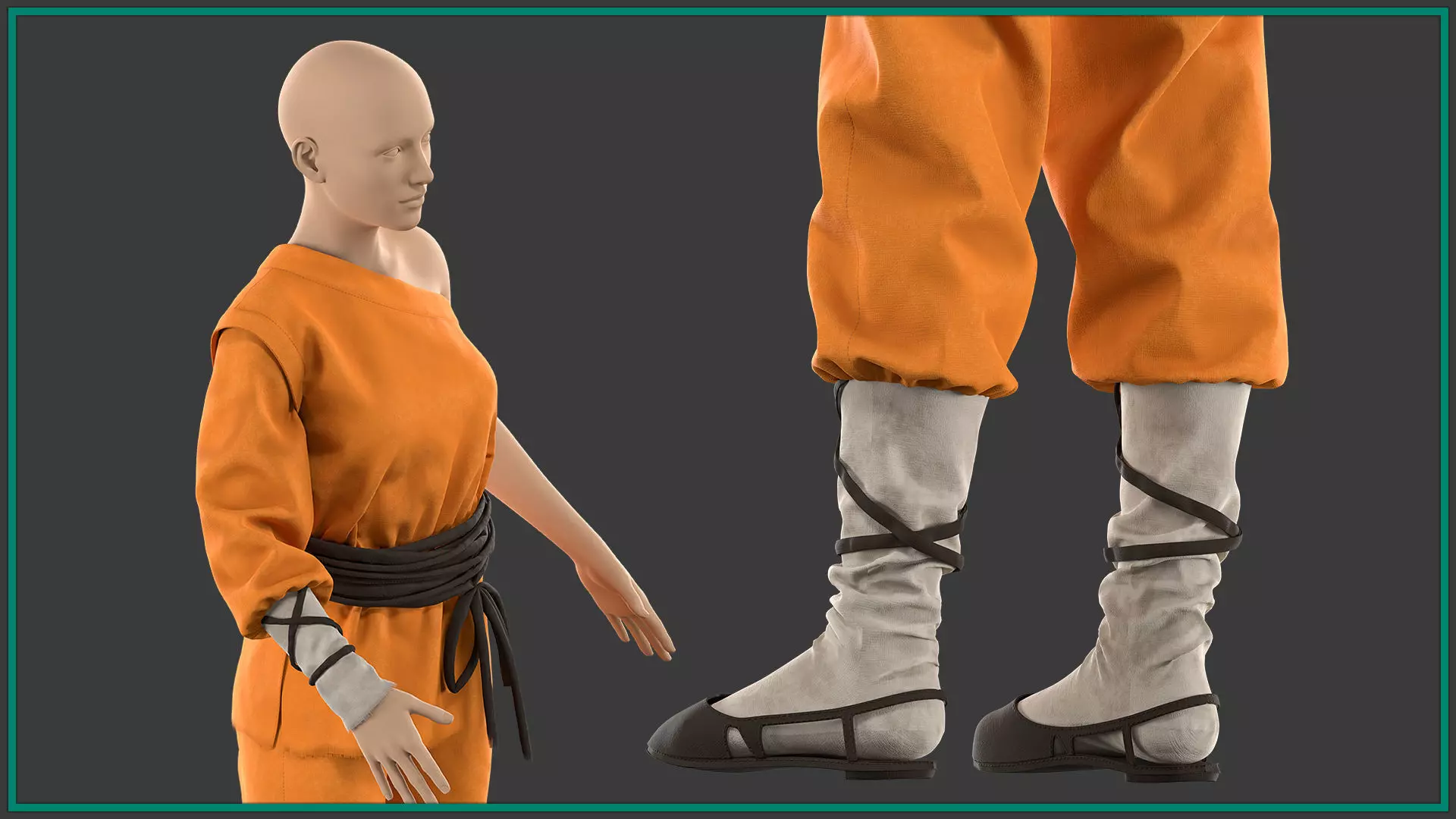 female shaolin outfit with texture and smart material 3D model_4