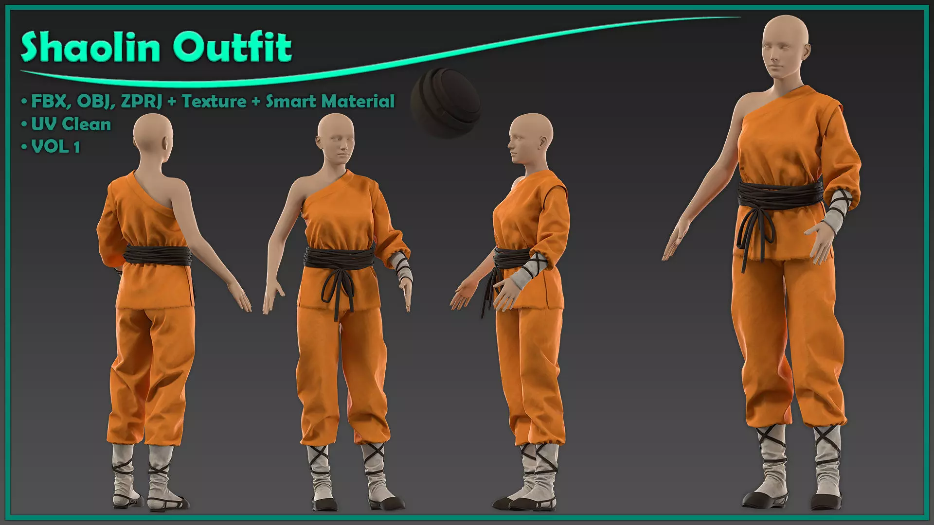 female shaolin outfit with texture and smart material 3D model_0
