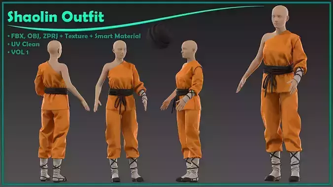 female shaolin outfit with texture and smart material 3D model female shaolin outfit with texture and smart material 3D model