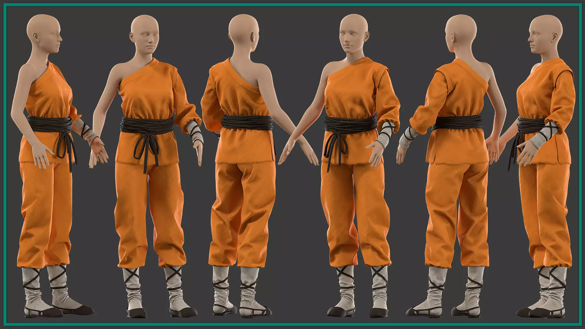female shaolin outfit with texture and smart material 3D model_2