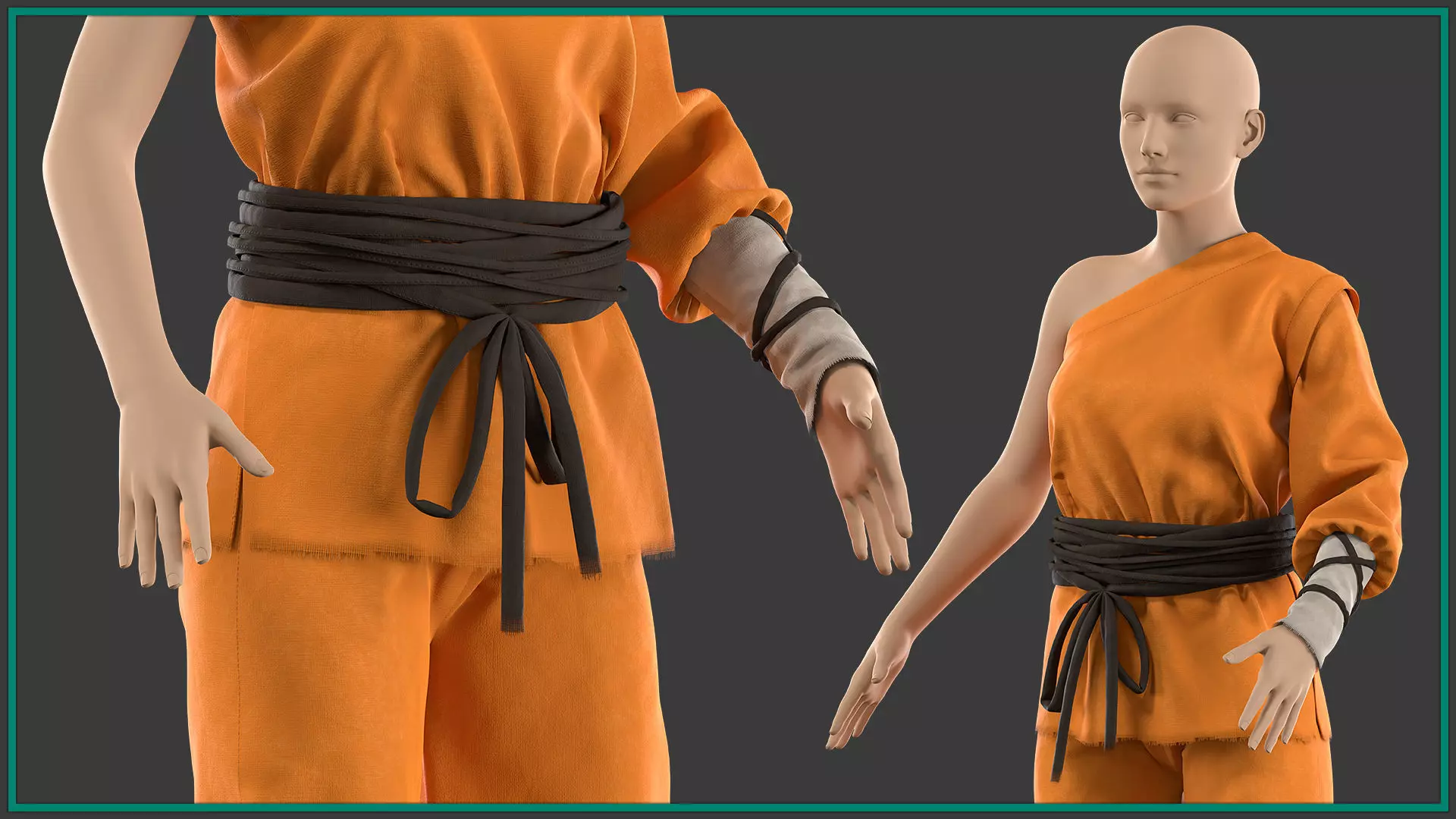 female shaolin outfit with texture and smart material 3D model_3