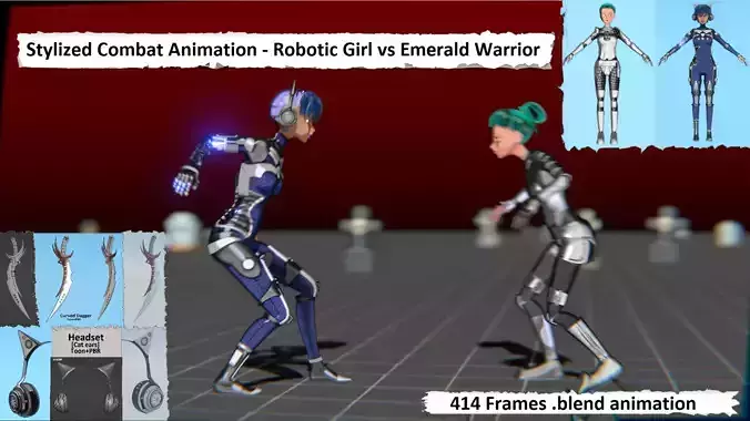 Robotic Girl vs Emerald Warrior Animation Low-poly 3D model
