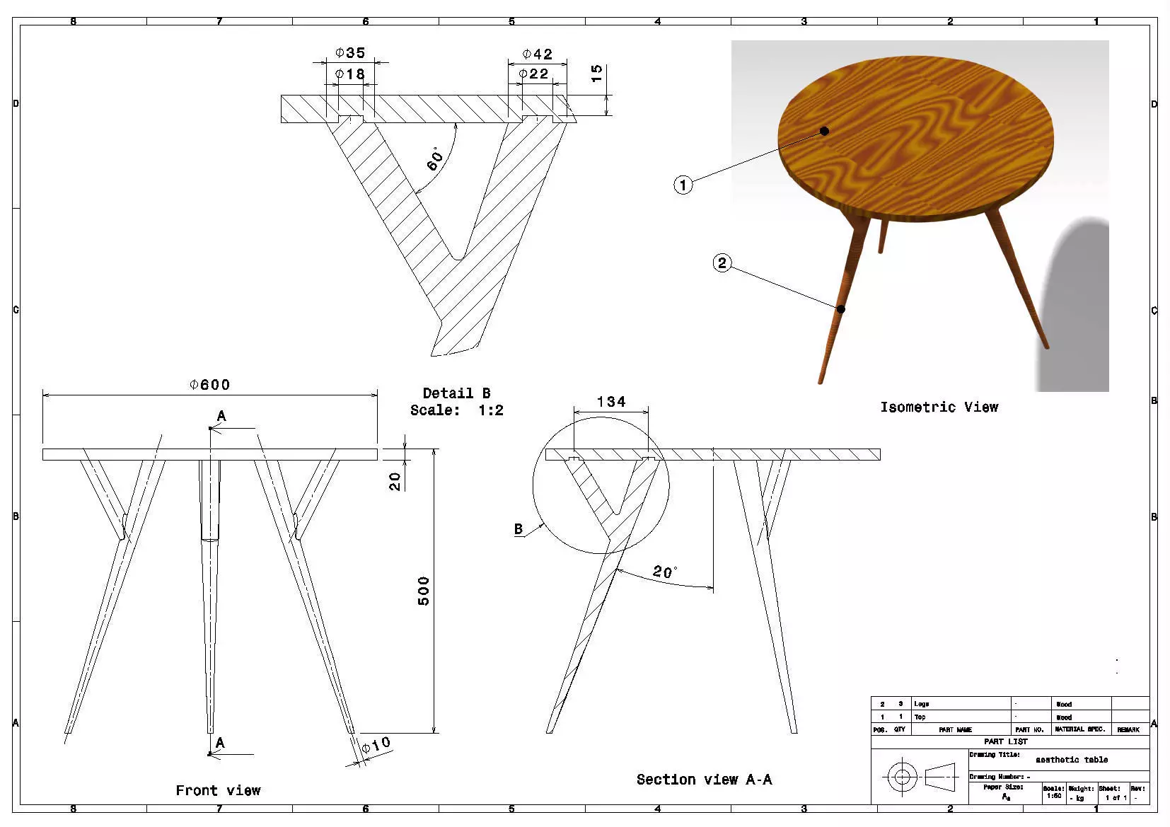 Modern Round Wooden Table with Three Legs 3D model_5