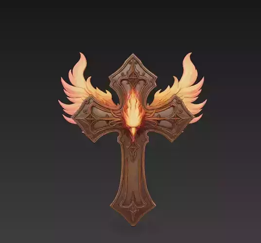 Cross with Flame - Wings - stylized Ornamental 3D print model