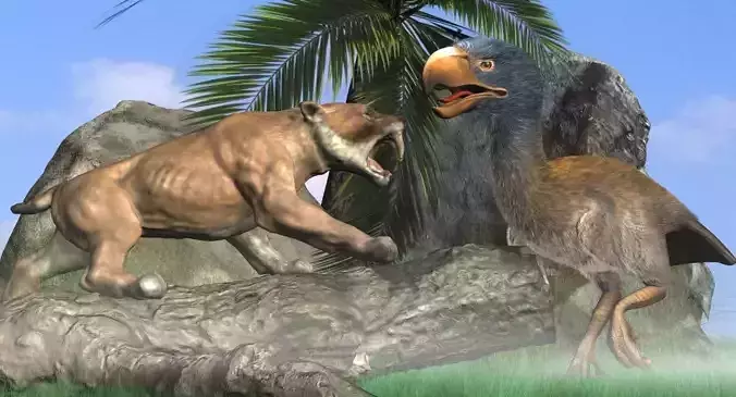 Titanis Walleri - Terror Bird RIGGED and ANIMATED vs Smilodon Low-poly 3D model