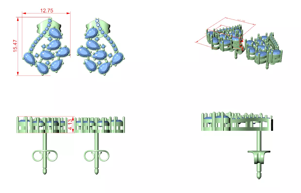 Pear Cut Diamond Cluster Stud Earring 3DM STL Video 3D print model_12