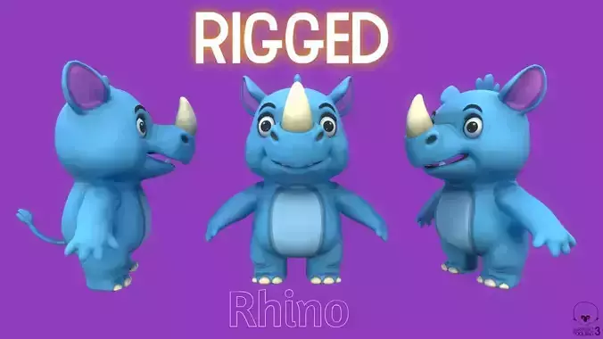 Rigged Blue Cute Playful Rhino 