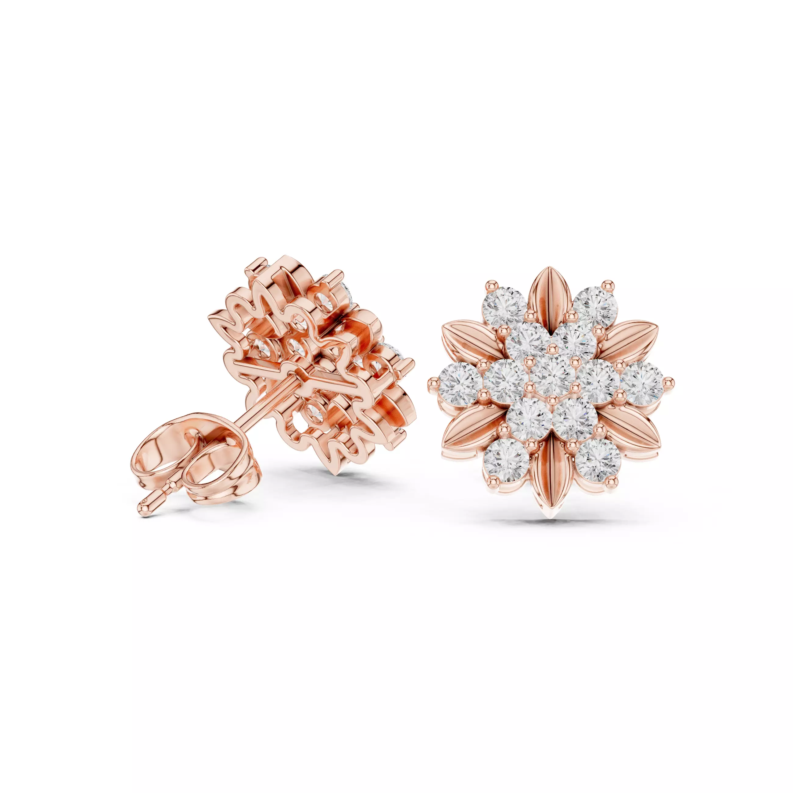 Round Cut Diamond Leaf Earring 3DM STL Video 3D print model_3