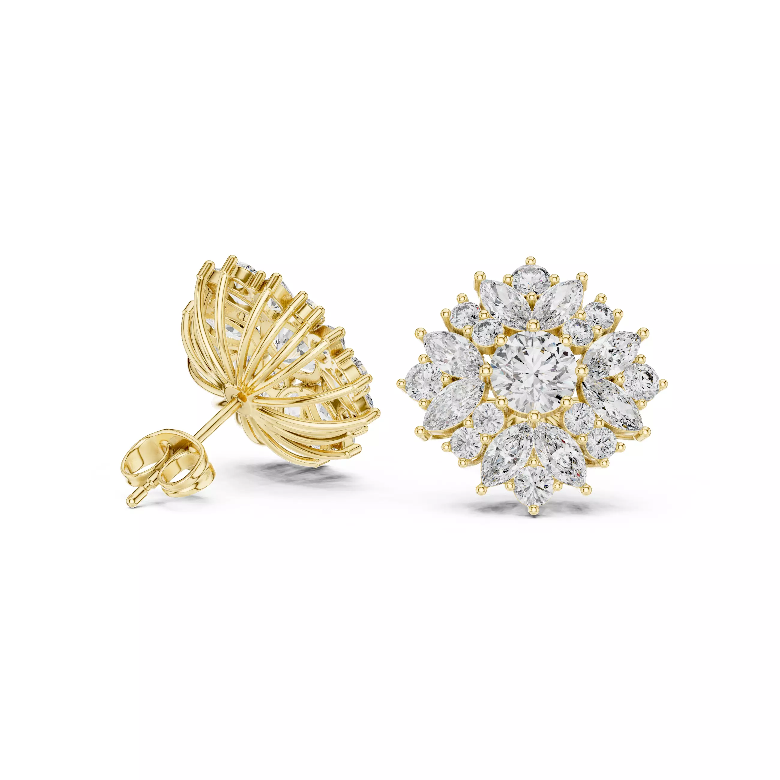 Marquise and Round Diamond Cluster Stud Earring 3DM STL Video 3D print model_8