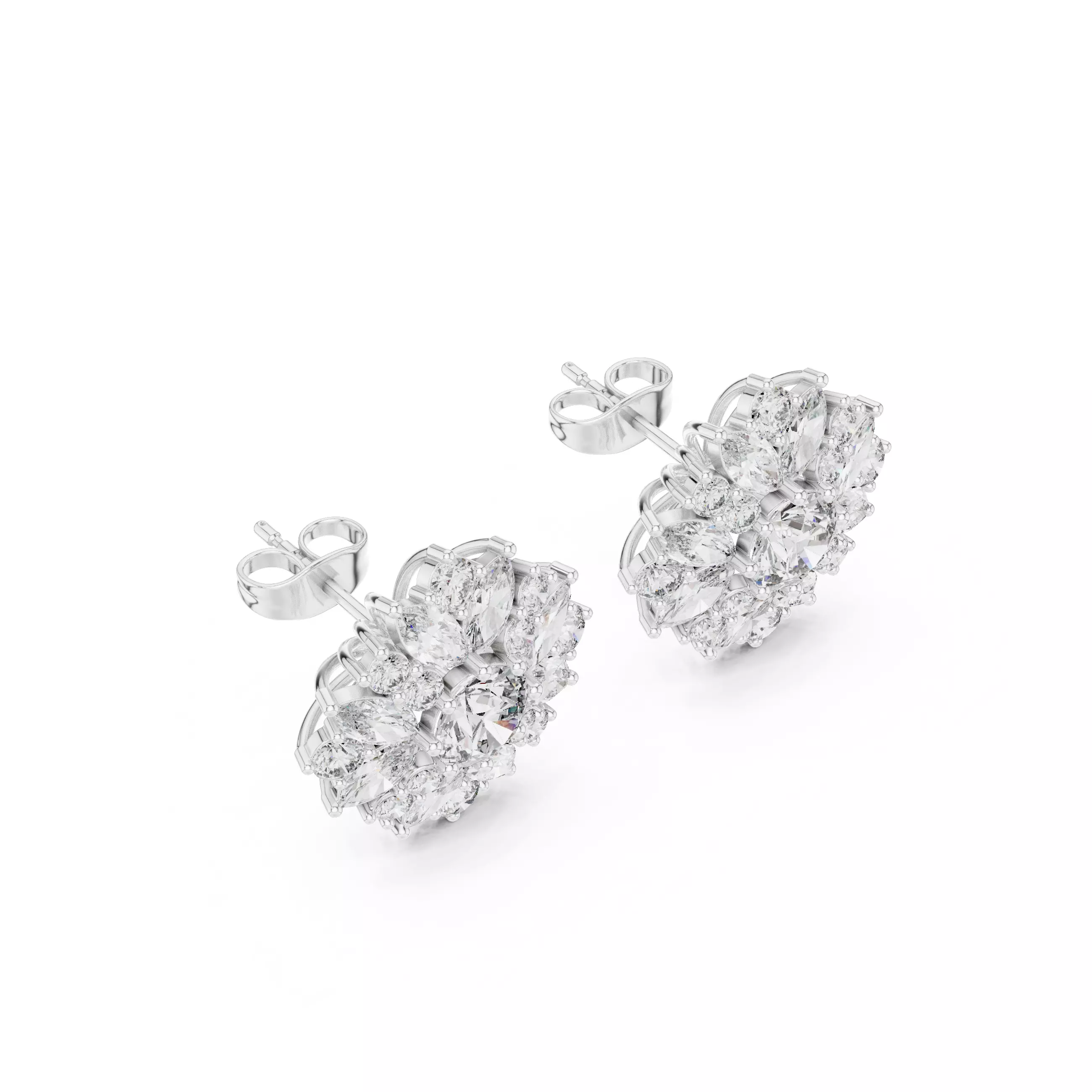 Marquise and Round Diamond Cluster Stud Earring 3DM STL Video 3D print model_10