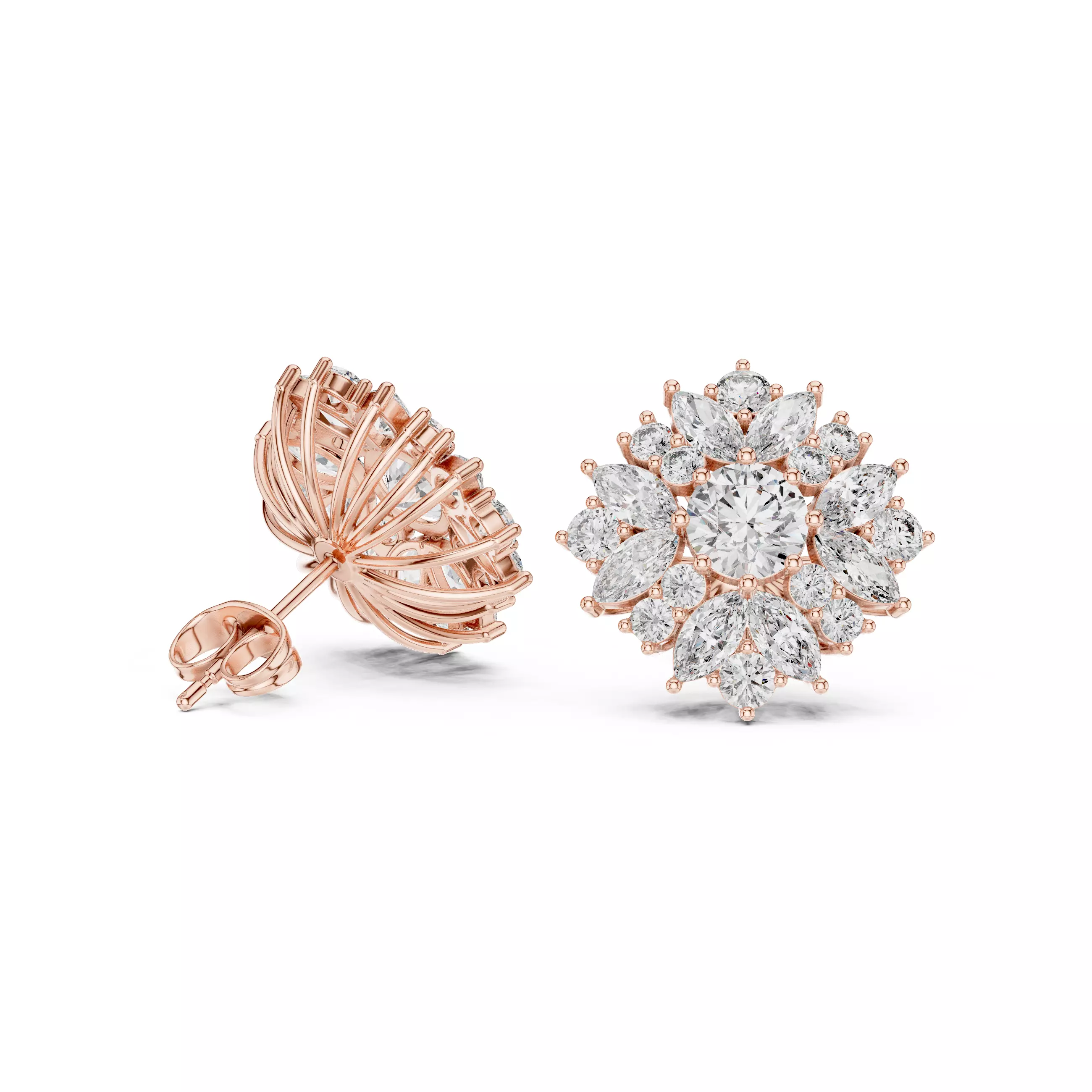Marquise and Round Diamond Cluster Stud Earring 3DM STL Video 3D print model_3