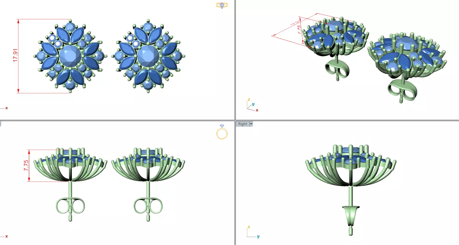 Marquise and Round Diamond Cluster Stud Earring 3DM STL Video 3D print model_12