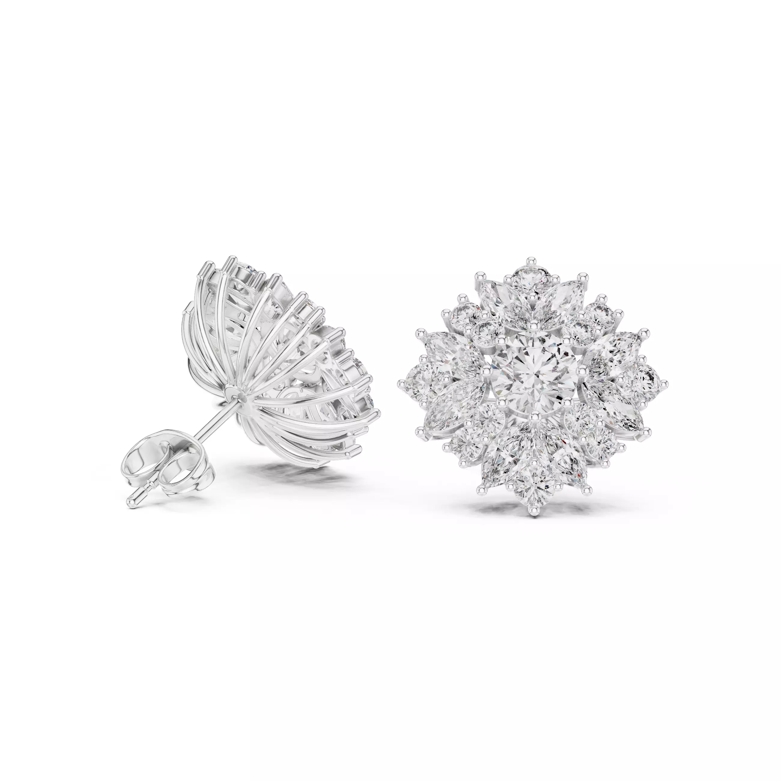 Marquise and Round Diamond Cluster Stud Earring 3DM STL Video 3D print model_9