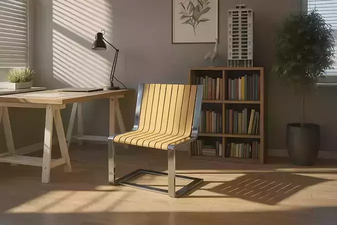 Title Modern Slatted Wood and Steel Cantilever Chair Low-poly 3D model