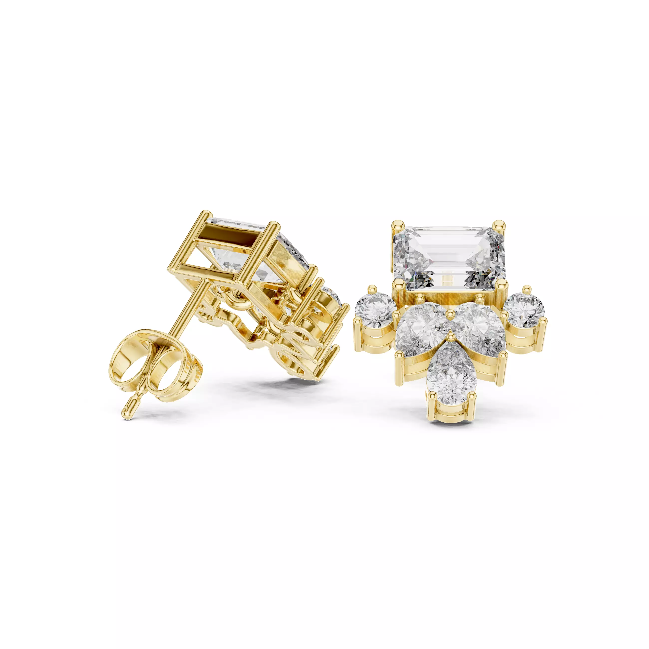 Emerald Pear Round Diamond Stud Earring 3DM STL Video 3D print model_9