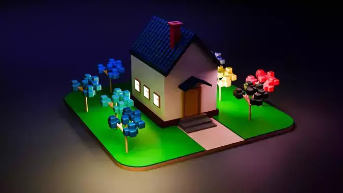 Stylized 3D House and Vibrant Low-Poly Environment Low-poly 3D model