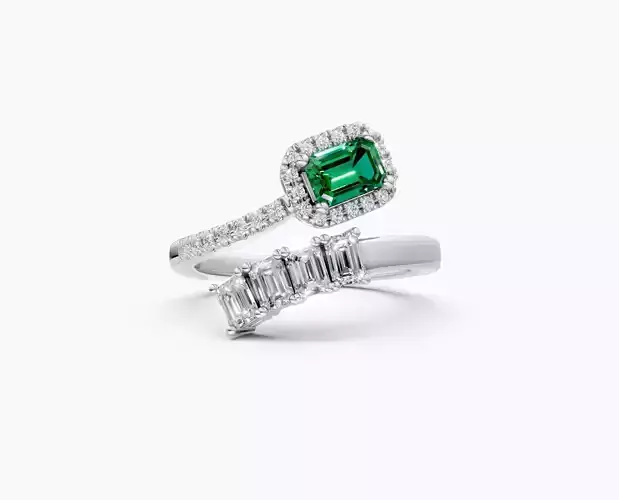 N R010  Halo emerald cut duo diamond ring 