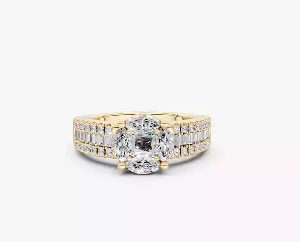 N R013  Cluster marquise pricess baquette cut diamond ring