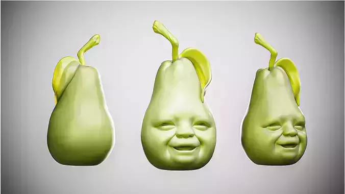 Smiling Baby Face Pear 3D Model Cute Cartoon Fruit Character