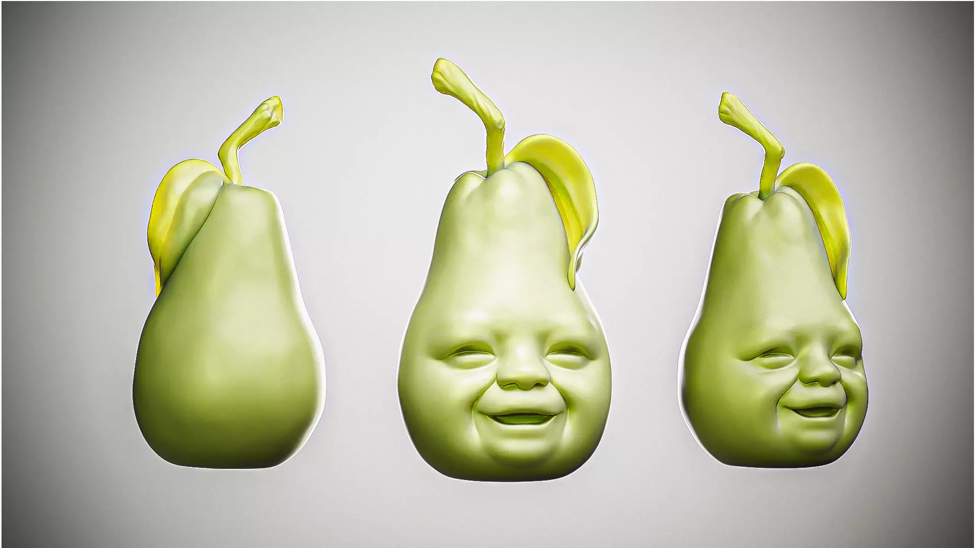 Smiling Baby Face Pear 3D Model Cute Cartoon Fruit Character 3D model_0