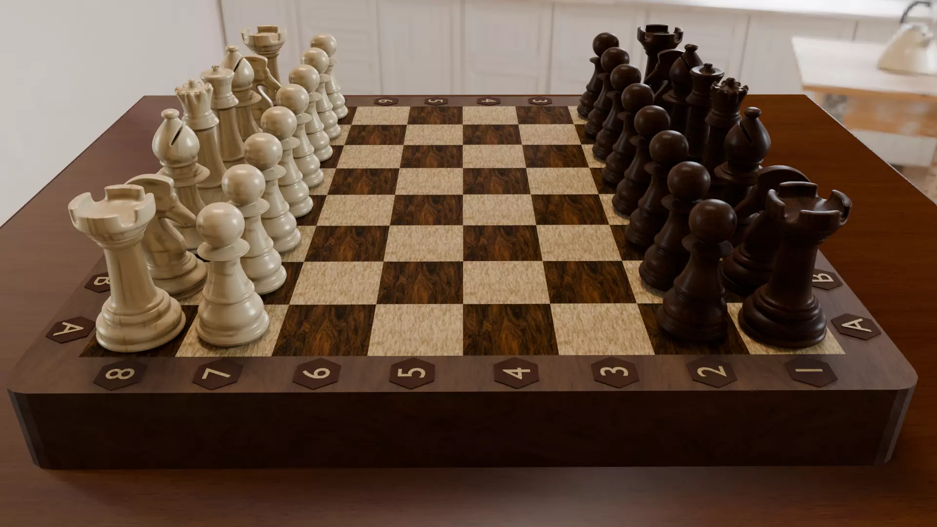 Wooden Chess Board and Pieces Low Poly and High Poly 3D Model Low-poly 3D model_2