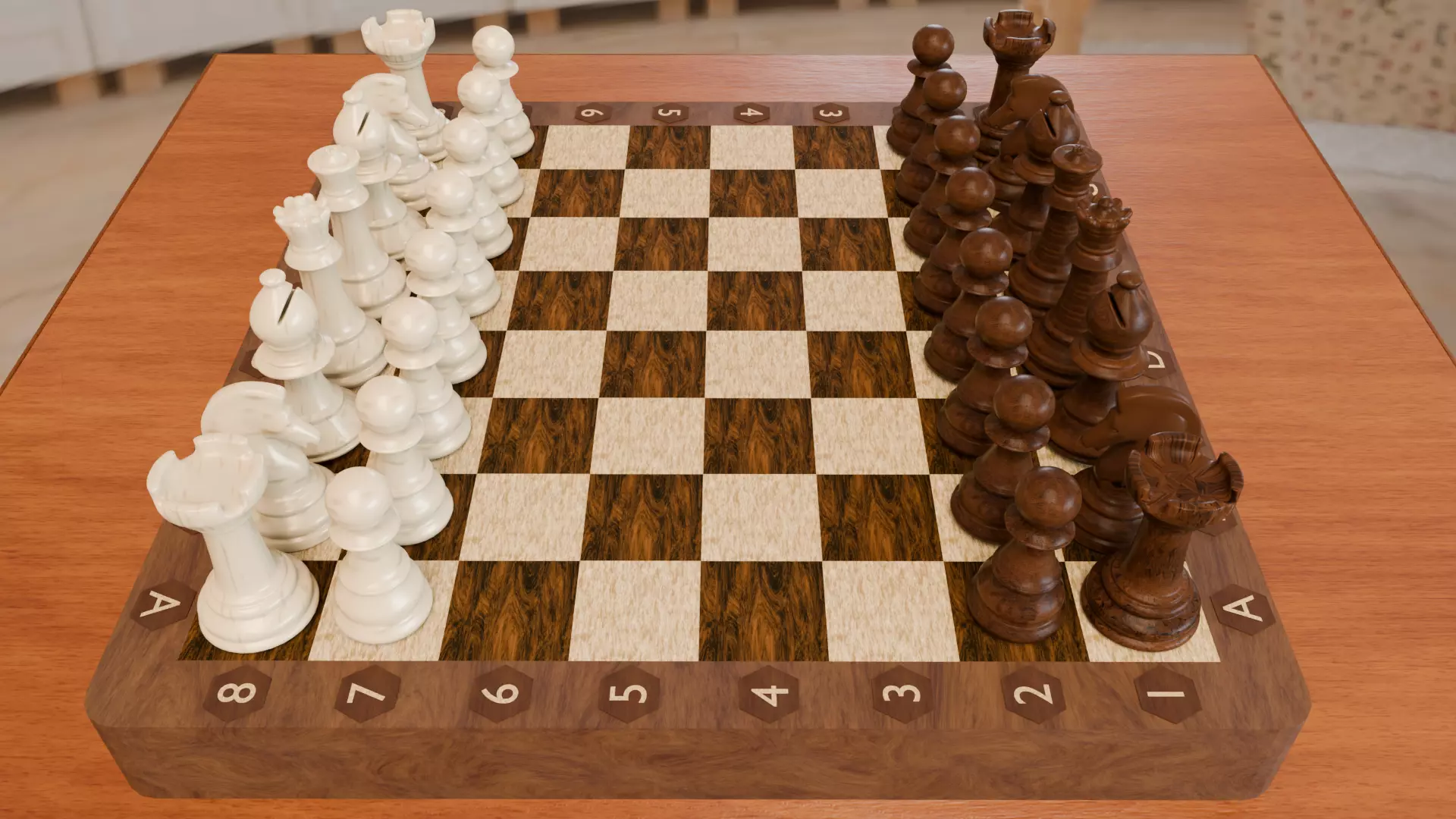 Wooden Chess Board and Pieces Low Poly and High Poly 3D Model Low-poly 3D model_1