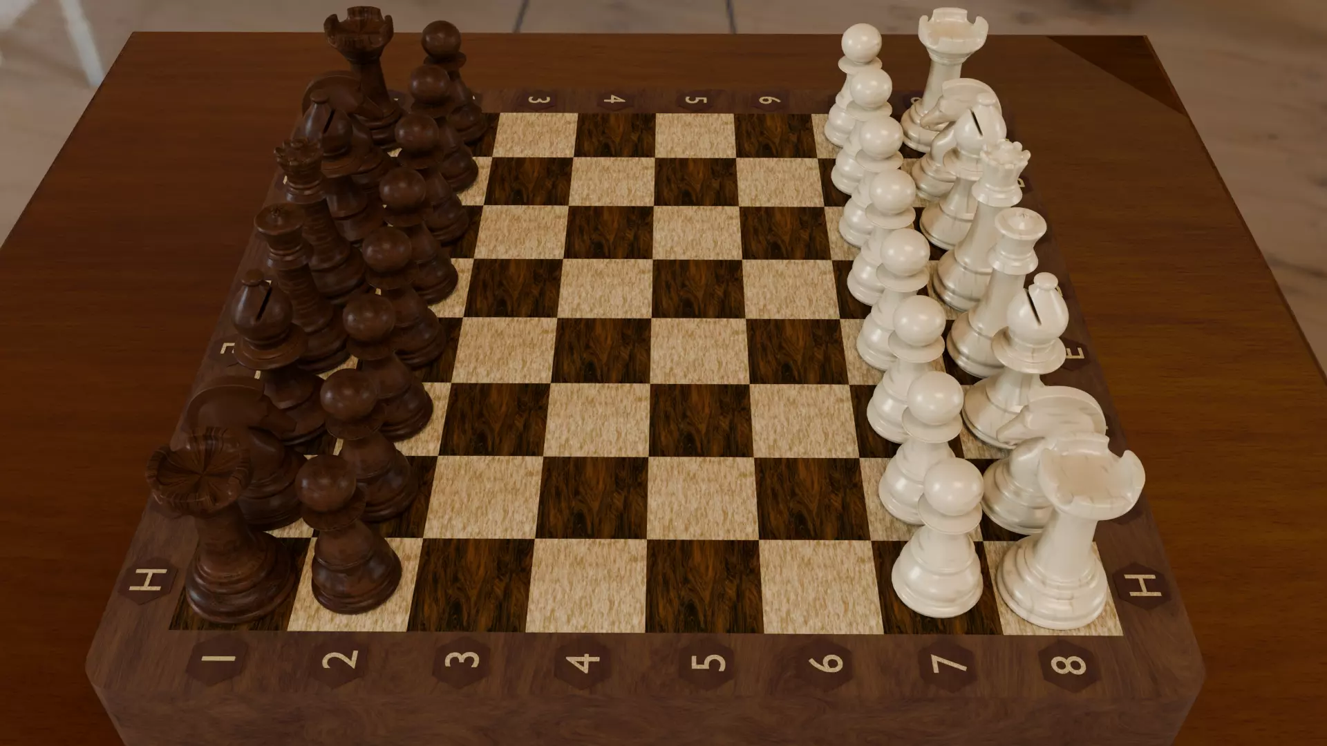 Wooden Chess Board and Pieces Low Poly and High Poly 3D Model Low-poly 3D model_0