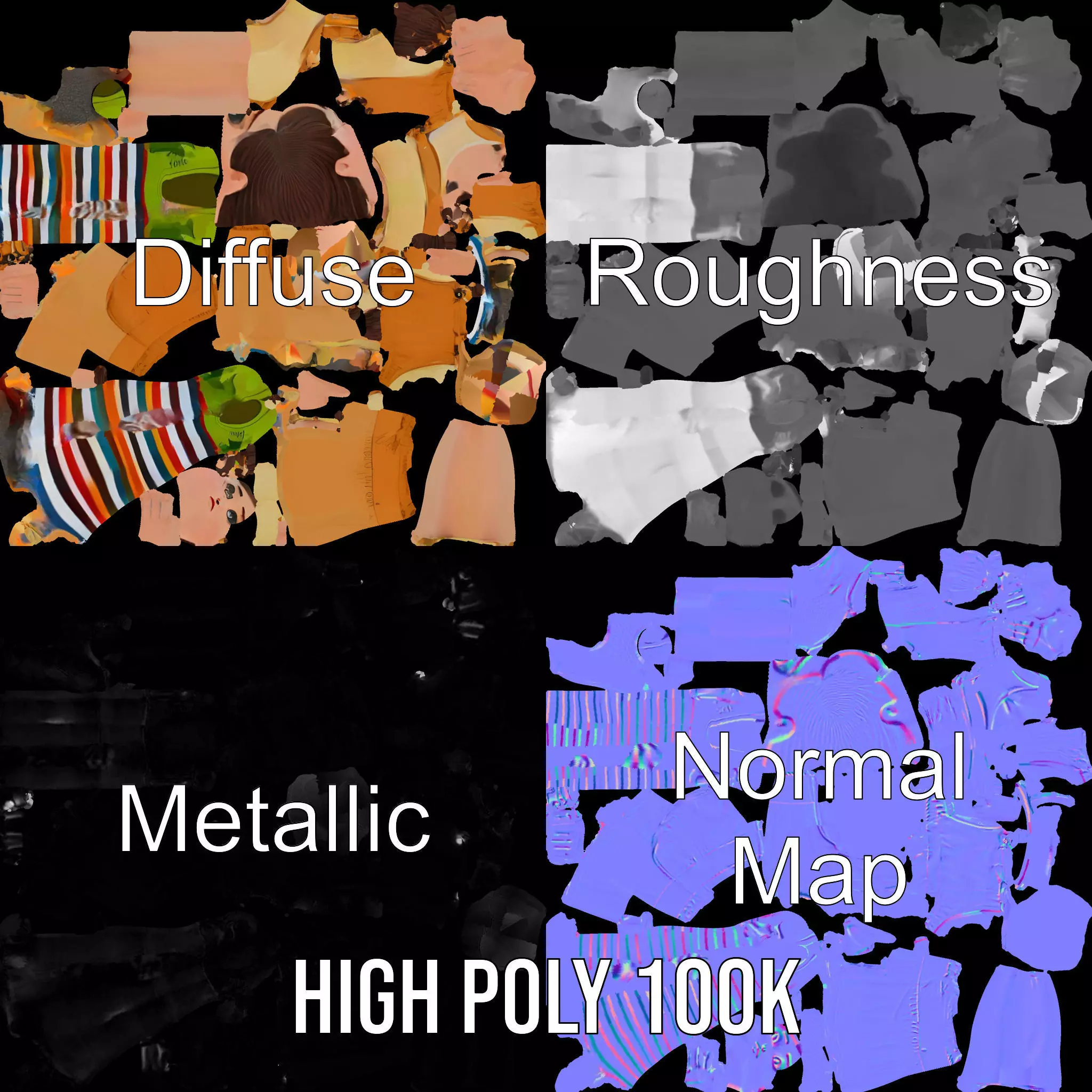 Cartoonish Female Character Model Pack with Colorful Attire Low-poly 3D model_4