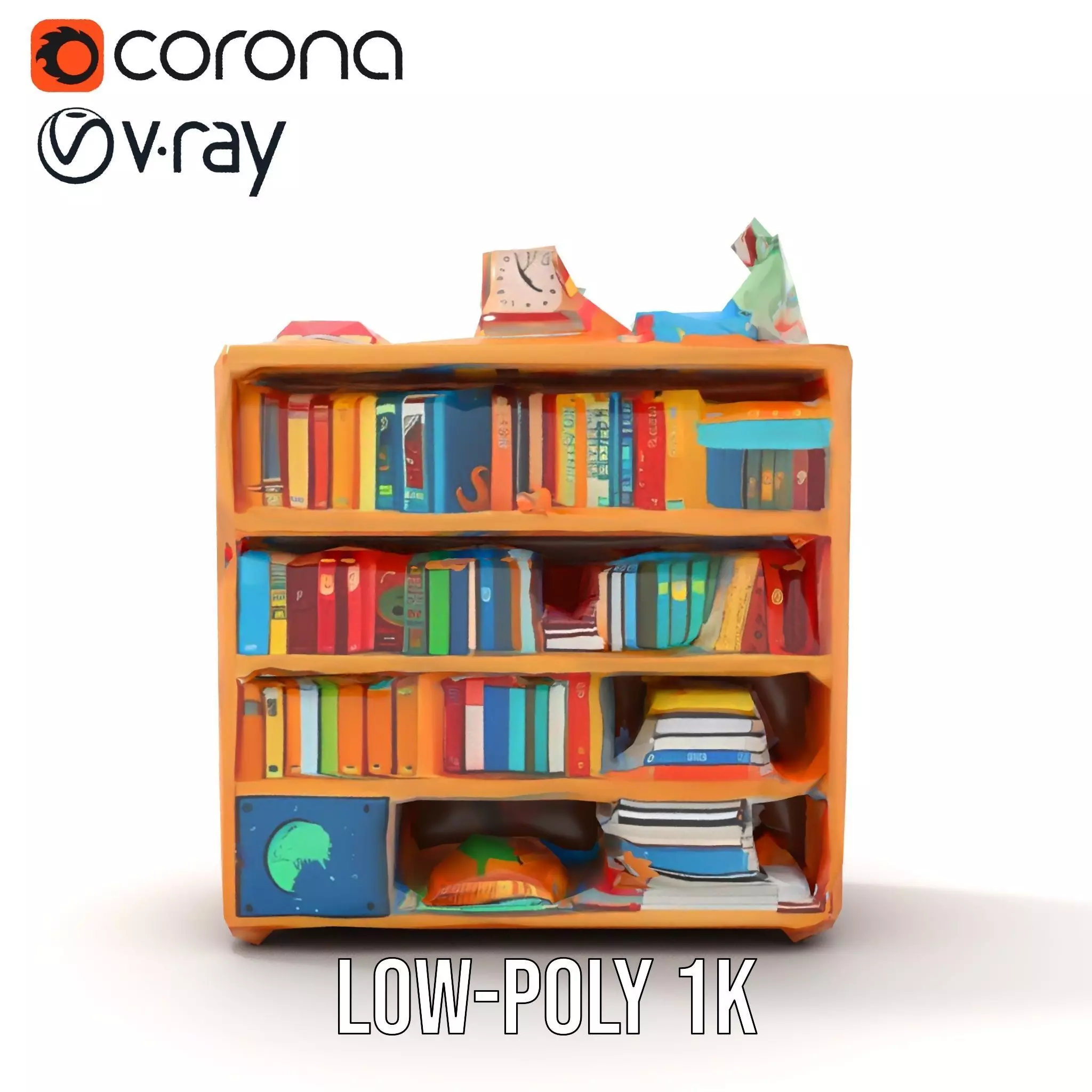 Colorful Wooden Bookshelf Model Pack with Accessories Low-poly 3D model_12