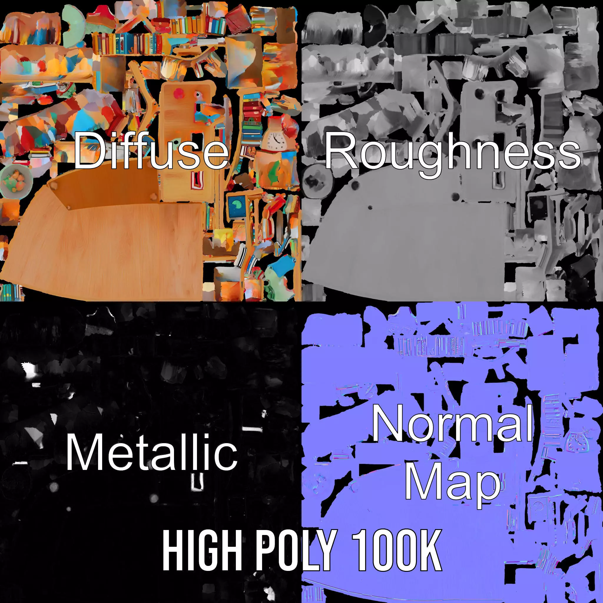 Colorful Wooden Bookshelf Model Pack with Accessories Low-poly 3D model_4