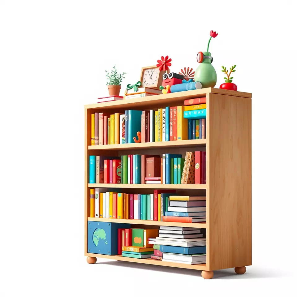 Colorful Wooden Bookshelf Model Pack with Accessories Low-poly 3D model_3