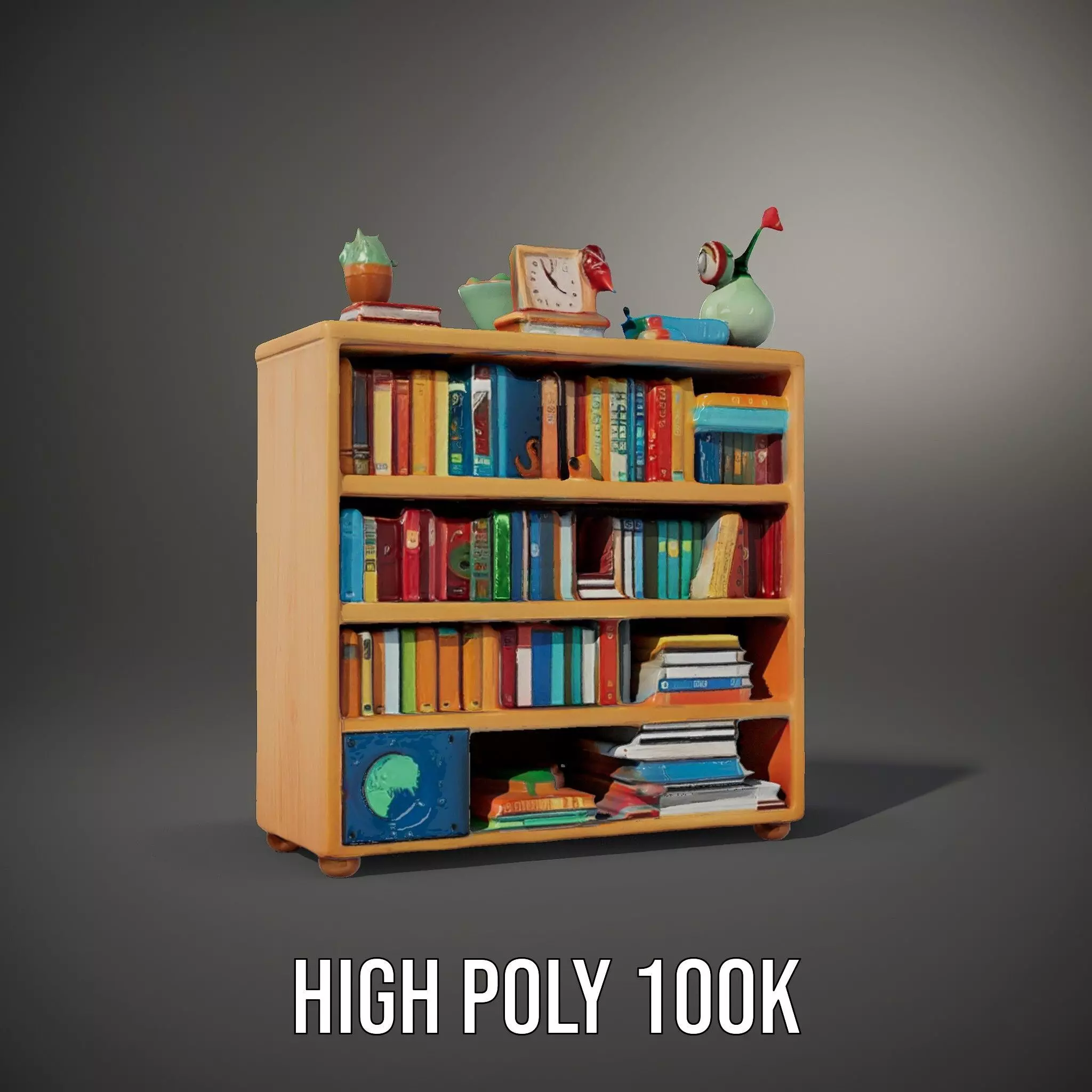 Colorful Wooden Bookshelf Model Pack with Accessories Low-poly 3D model_10