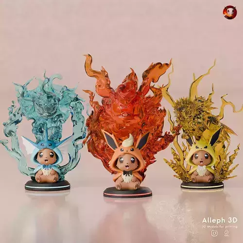 Baby Eevee Evolution Pack Jolteon Flareon and Vaporeon Chibi STL