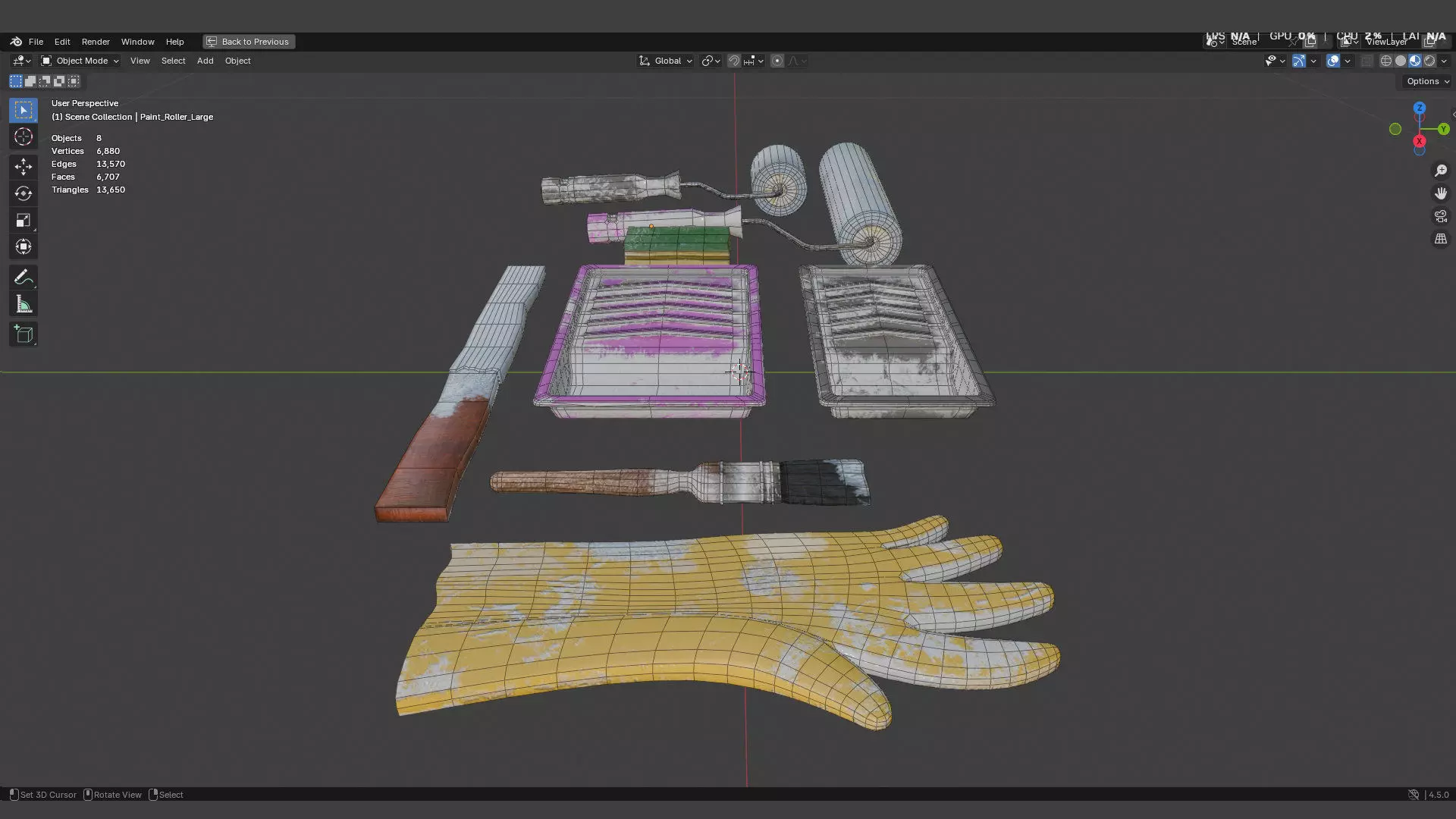 Paint Tray paint roller and paint brush mixing stick and glove Low-poly 3D model_4