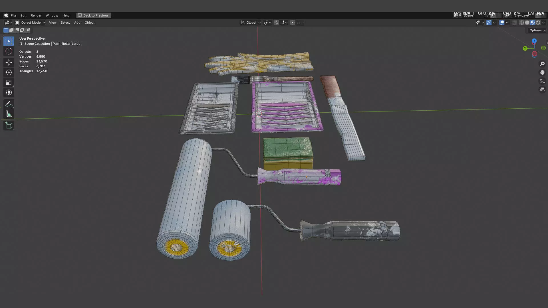 Paint Tray paint roller and paint brush mixing stick and glove Low-poly 3D model_5