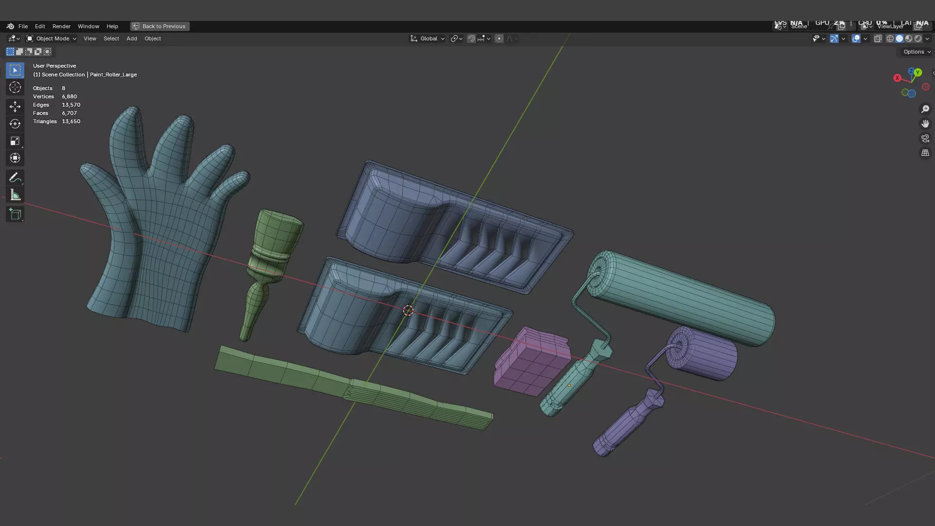 Paint Tray paint roller and paint brush mixing stick and glove Low-poly 3D model_3