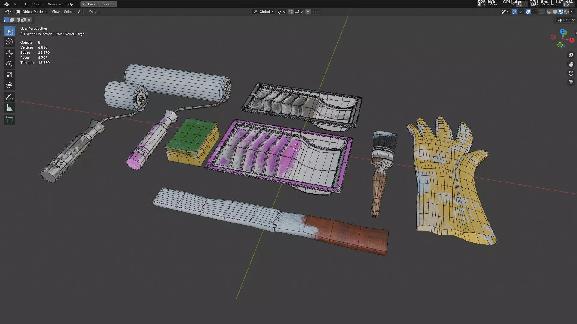 Paint Tray paint roller and paint brush mixing stick and glove Low-poly 3D model_1