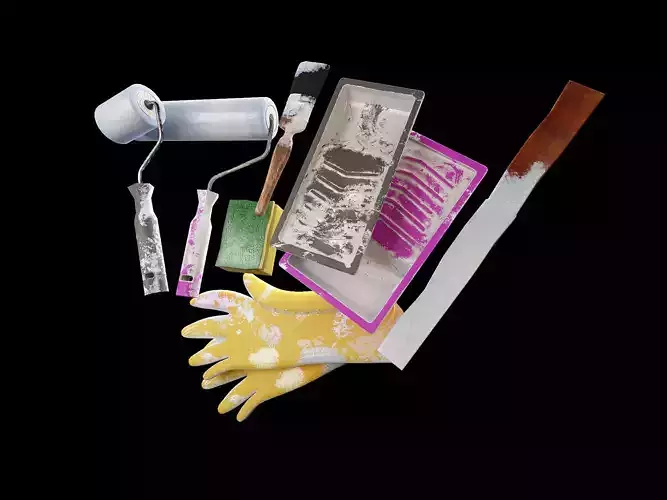 Paint Tray paint roller and paint brush mixing stick and glove Low-poly 3D model