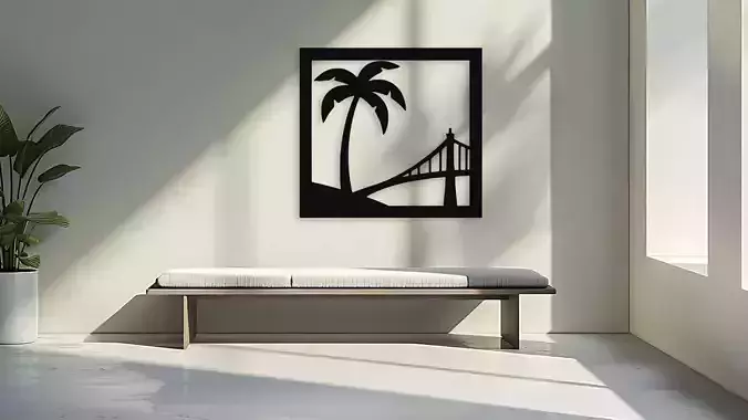 Palm Tree and Bridge Silhouette Wall Art Decor