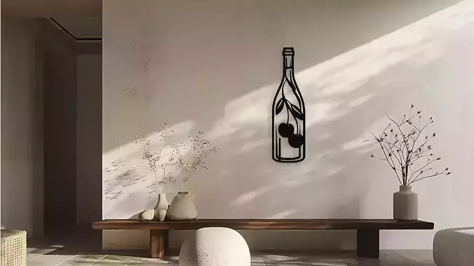 Bottle with Cherry Branch Wall Art Laser Cut 3D Print File