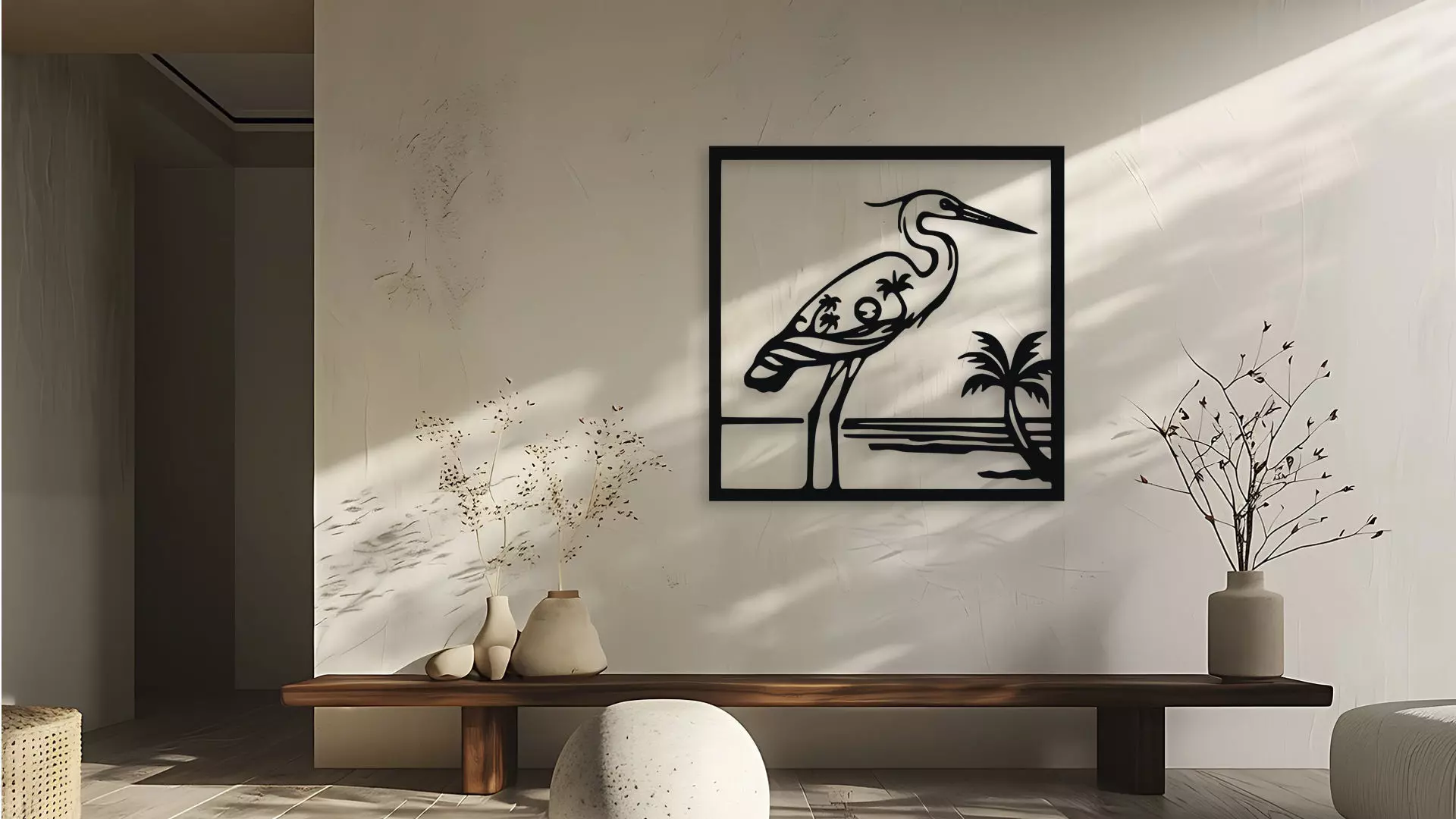 Heron Wall Art Tropical Beach Scene for Laser and 3D Print 3D model_0
