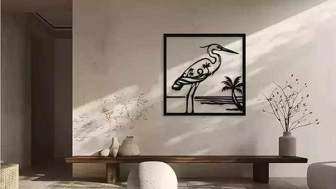 Heron Wall Art Tropical Beach Scene for Laser and 3D Print