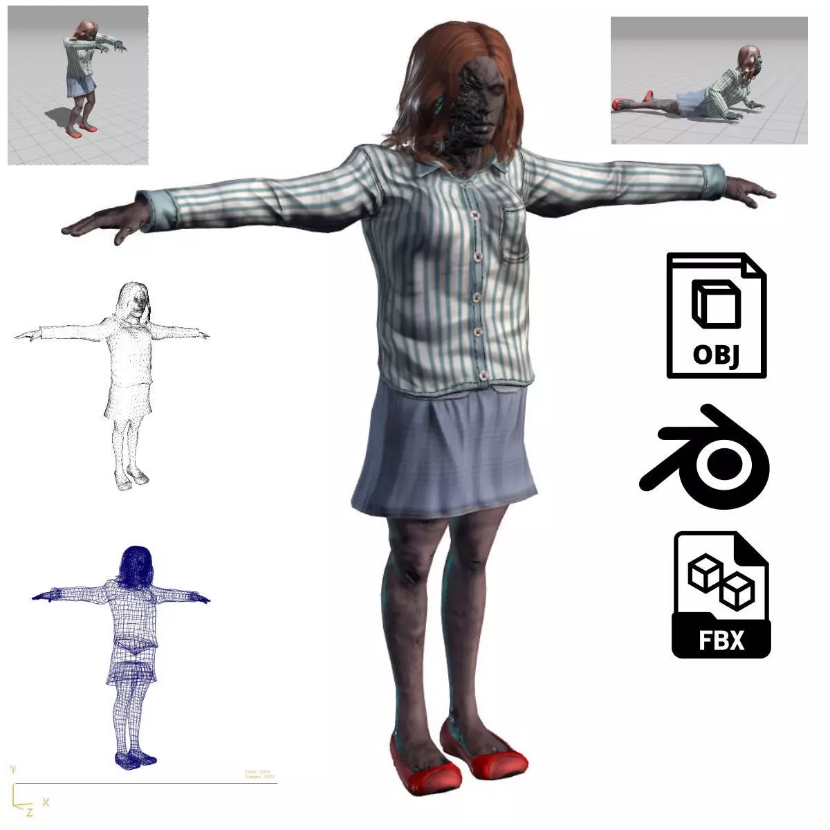 Rigged Animated Zombie Woman 3D Model Game Ready with Textures  Low-poly 3D model_0