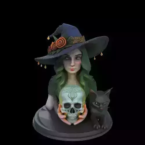 1923  Green Haired  Witch  Bust with Cat and Skull