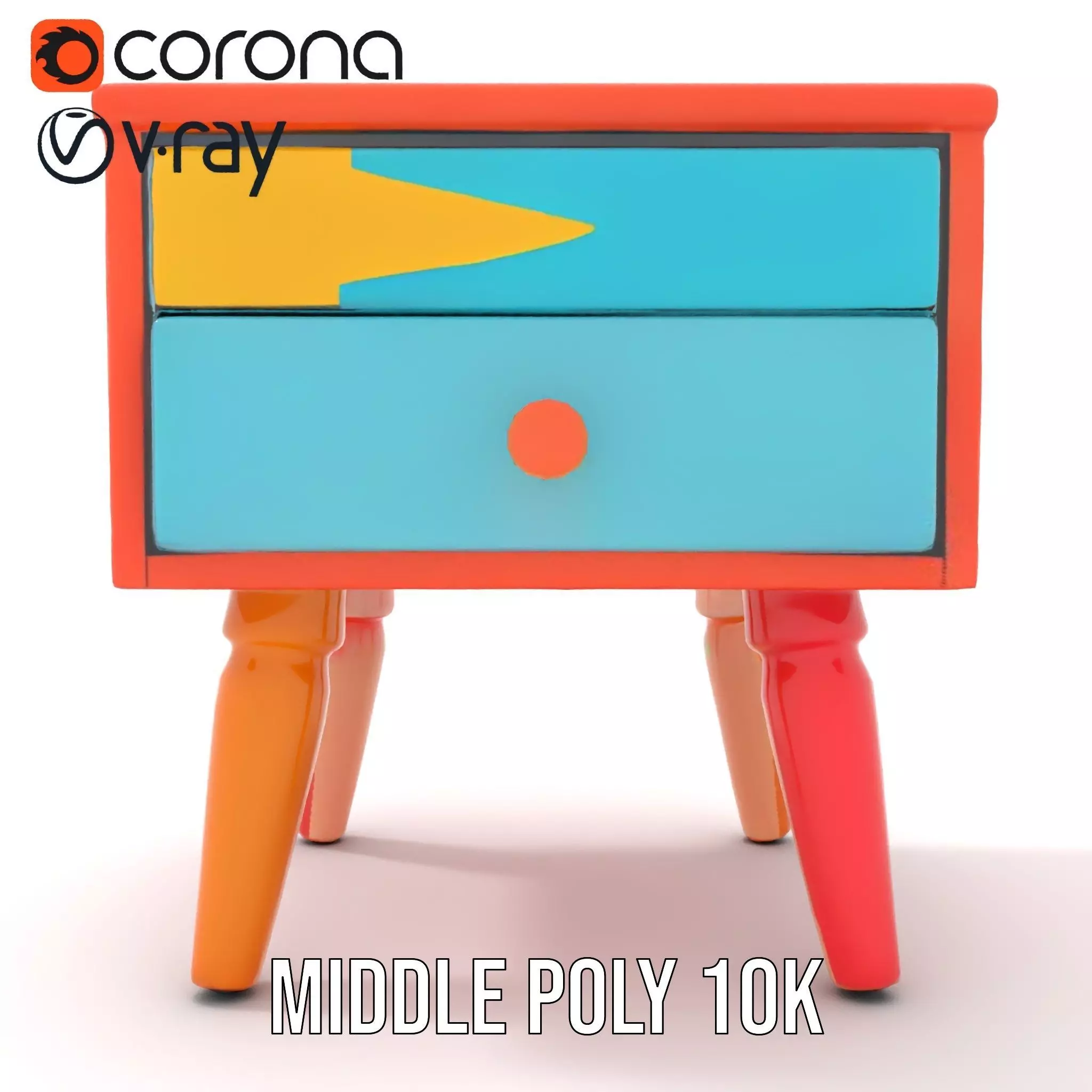 Colorful Retro Nightstand Model Pack with Two Drawers Low-poly 3D model_7