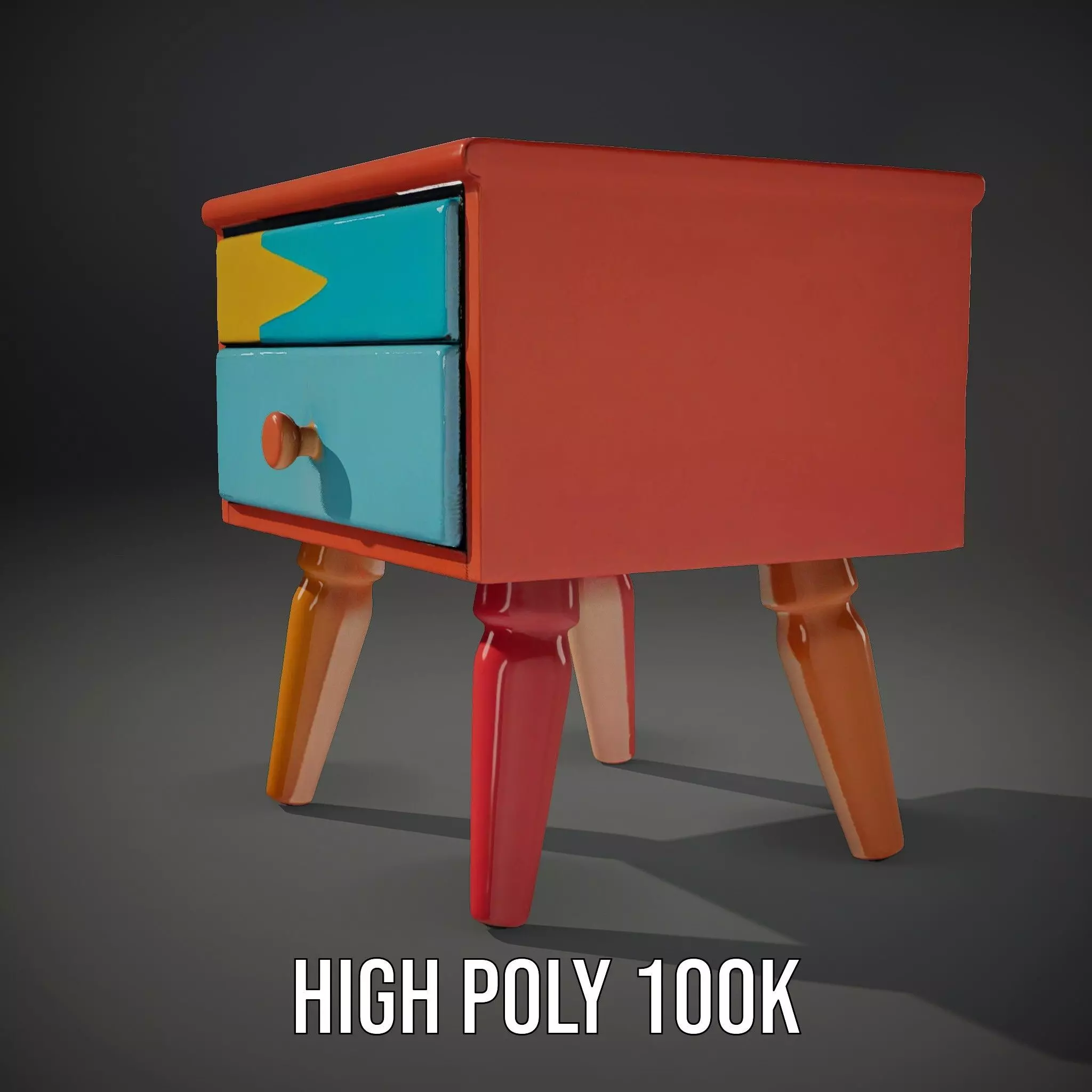 Colorful Retro Nightstand Model Pack with Two Drawers Low-poly 3D model_9