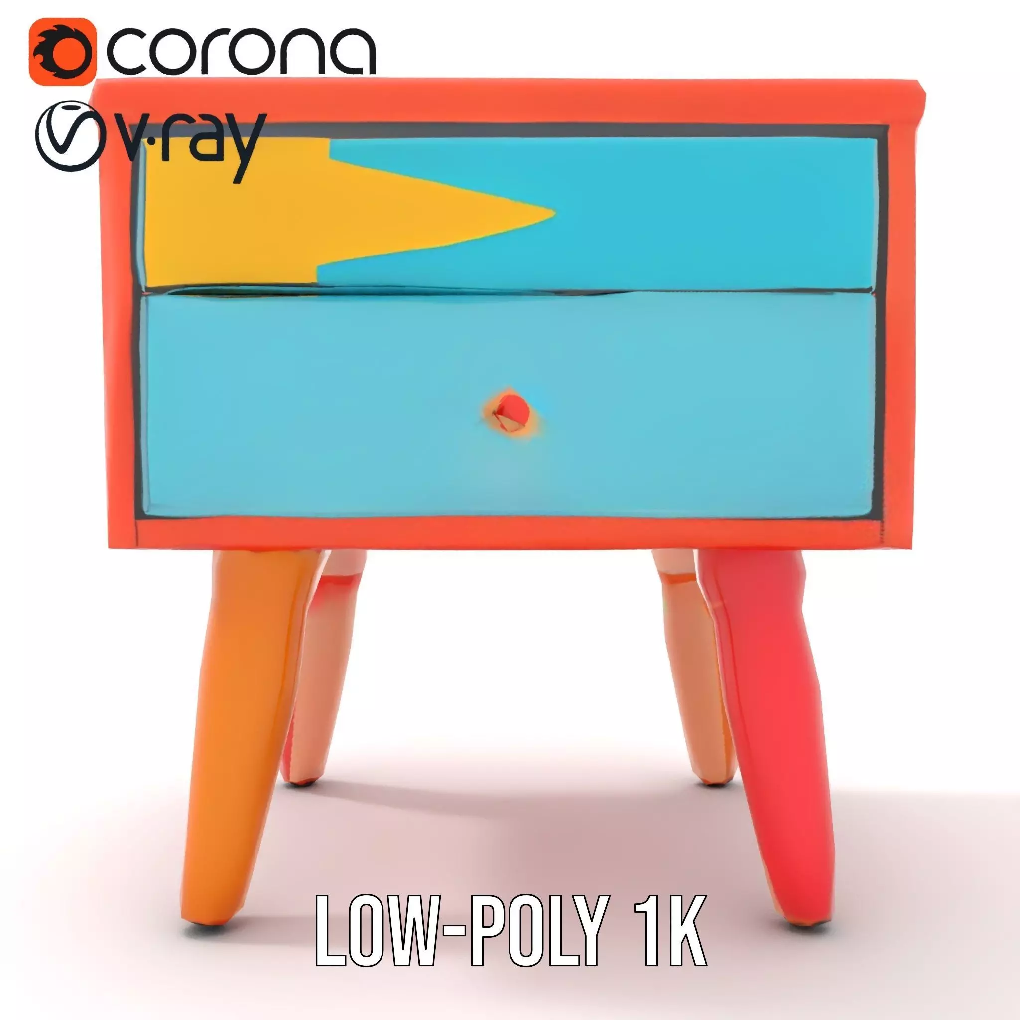Colorful Retro Nightstand Model Pack with Two Drawers Low-poly 3D model_15